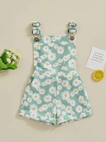 Kids Girls Jean Overalls Daisy Print Sleeveless Adjustable Strpas Imitation Denim Shortall Summer Romper Jumpsuit