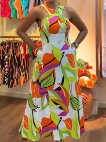 Vestido de tirantes de verano con estampado floral mixto, elegante y casual para vacaciones, tallas grandes - Verde - Ver 1