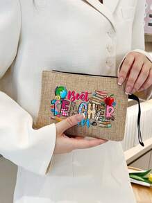 Bolso de maquillaje con estampado de "Maestro" como regalo de apreciación para profesores, monedero de lino, bolsa de cosméticos con forro sin cierre - Perfecto para educadores y personal escolar, regalo de agradecimiento para maestros, accesorios casuales y elegantes para salidas, vacaciones, traslados diarios, bolsa de cosméticos - Multicolor - Ver 15