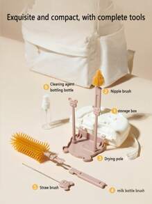 Ensemble de brosses portables pour bouteille avec ours, comprenant une brosse pour bouteille, une brosse pour tétine, une brosse pour paille, une brosse pour tasse, un support d'égouttage et une boîte de rangement de voyage