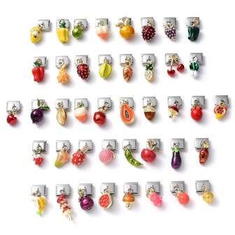 1pc Fashionable Italian Fashion Bracelet Modules, Fruit Pineapple Cherry Apple Vegetable Eggplant Metal Modules Stainless Steel Accessories