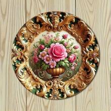 复古金色花卉圆形盘状墙饰，复古风格招牌画，室内/室外皆宜，趣味墙面艺术，适用于家居、餐厅、咖啡馆、车库装饰，随机孔洞设计 - 彩色 - 查看 6