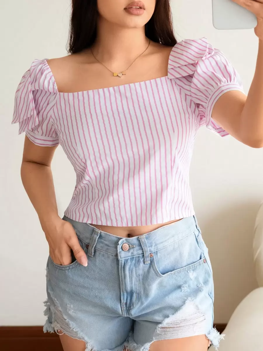 Blusa de manga abullonada con cuello cuadrado y estampado de rayas - Rosa - Ver 1