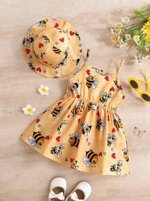 Set de 2 piezas de vestido casual con estampado de abeja + gorra para bebé niña, verano