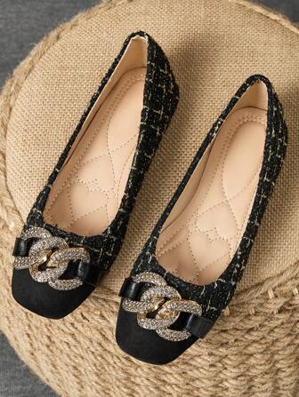 女士方头金属扣拼布平底鞋，复古风格百搭方头软底芭蕾平底鞋