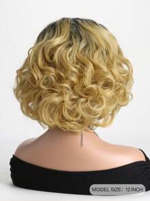 女士时尚短卷发渐变金色 12 英寸合成纤维假发，带刘海，合成假发全头套，适合日常佩戴