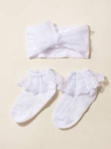 1 PC Kant Strik Baby Hoofdband + 1 Paar Baby Kant Sokken, Voor 1-3 Jaar Oud, Peuter Lente En Zomer Jurk, Strik Hoofdband En Sokken, Zacht En Modieus, Geschikt Voor Foto's En Het Dagelijks Leven, Lente En Zomer Haaraccessoires