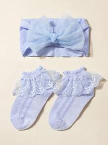 1 PC Kant Strik Baby Hoofdband + 1 Paar Baby Kant Sokken, Voor 1-3 Jaar Oud, Peuter Lente En Zomer Jurk, Strik Hoofdband En Sokken, Zacht En Modieus, Geschikt Voor Foto's En Het Dagelijks Leven, Lente En Zomer Haaraccessoires