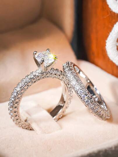 2 Pcs/Set Classical Cubic Zirconia Ring For Women For Wedding Engagement Anniversary Party Jewelry Valentine's Day Gift,Mom,Mother,Mother's Day,Gift