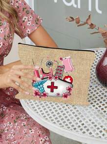 Sac de rangement thème infirmière, sac de beauté, trousse de maquillage avec motif de casquette d'infirmière, tube à aiguille, pilule, sac de perfusion, stéthoscope - Un cadeau parfait pour les infirmières ! Peut ranger les cosmétiques, les outils de beauté, le vernis à ongles, les pilules et d'autres articles, adapté pour sortir