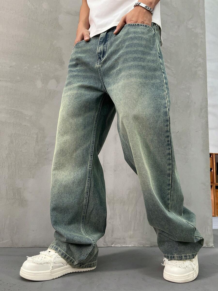 Jeans larghi casual e morbidi con tasche da uomo HEHCN, pantaloni stile vintage e vintage blu, ideale come regalo per marito o fidanzato - Verde Oliva - Visualizzare 1