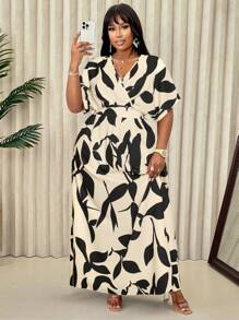 Plus Size Casual Floral Print V-Neck Batwing Sleeve Dress (Floral Pattern Random) - Apricot - View 2