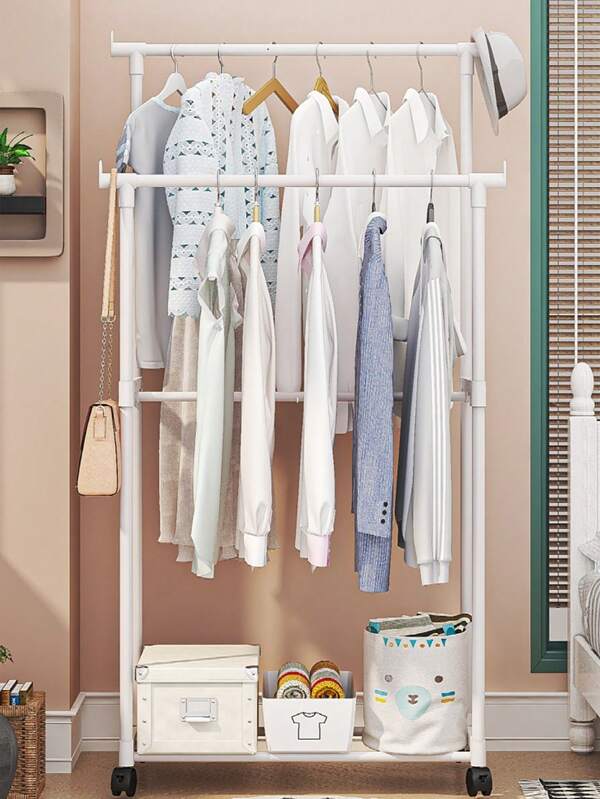 1 pieza Estantería de ropa, pantalones y zapatos con ruedas para el dormitorio, barra colgante individual/doble, almacenamiento de varios niveles