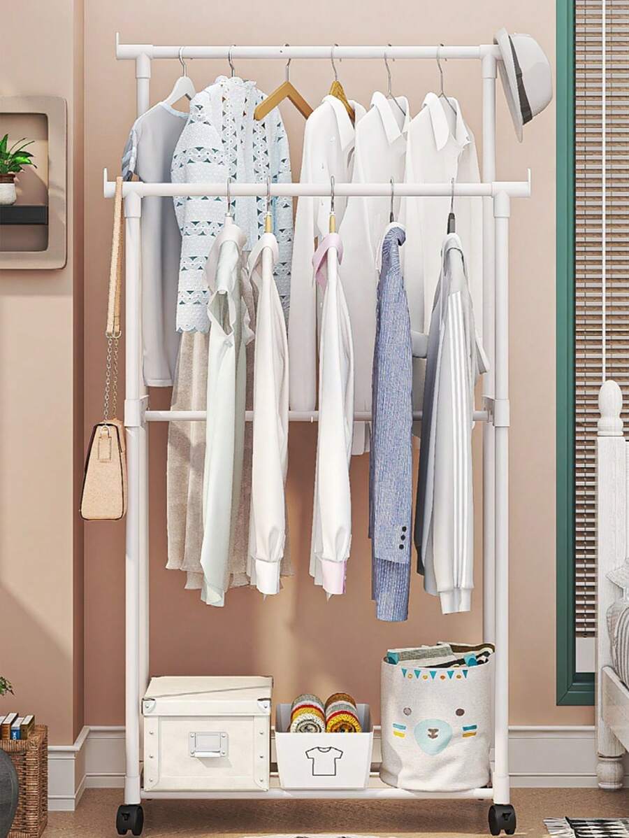 1 Stück Bodenständer Kleidungshalter für Schlafzimmer, Hosen & Schuhregal mit Rädern, Aufhängeschiene Einzel-/Doppelstangen, Mehretagen Aufbewahrungsschrank