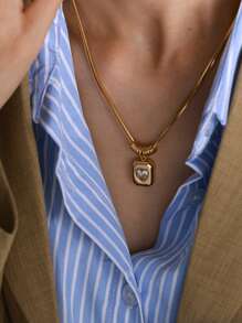 TONSI 1pc Vintage Stainless Steel 18k Gold Plated Double-Layer Snake Bone Chain Necklace With Geometric Heart Pendant, Suitable For Various Occasions For Women