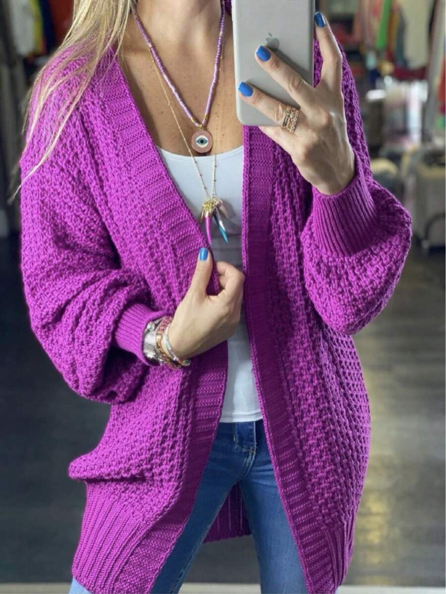 Super Autumn/Winter Knitted Cardigan Puff Sleeve Women's Cardigan New Arrival - Rose Red - View 1