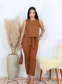 Women's Formal Set Cropped Trousers With Tie - Óxido marrón - Ver 2