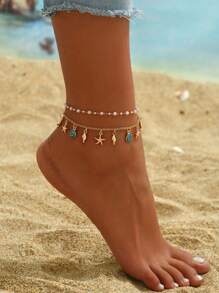 1pc Beach Vacation Style Women Anklet, Fashion Boho Double Layer Handmade Faux Pearl Zinc Alloy Shell Starfish Pendant Foot Jewelry, Versatile For Daily Wear And Party - Golden - View 2