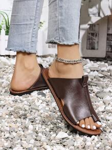 Sandalias planas para mujer, de moda casual estilo europeo y americano, con punta redonda, parche y diseño slip-on para la playa