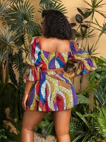Faeriesty Plus Chic Sweetheart Neck Mid-Length Ruffled Sleeves Cut Out Front Top & A-Line Mini Shorts Plus Size Two Pieces Set In Vibrant African Print – Perfect For Summer Beach Parties, Tropical Weddings, And Seasonal Getaways (Lightweight & Breathable) Summer Outfits Spring Clothes - Multicolor - View 2