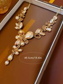 1 Set Of 2pcs Elegant Rhinestone Flower & Water Drop Necklace & Earrings Jewelry Set For Women - Gift - Evening Formal - Champagne - View 6