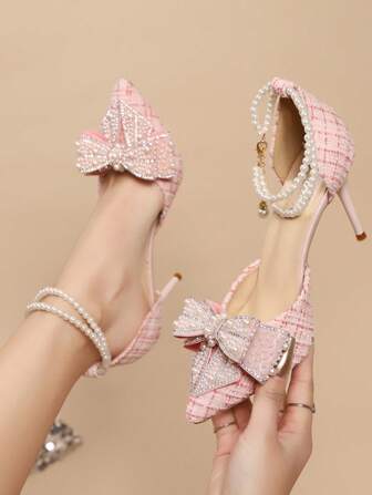 Pointed Toe High Heel Shoes With Crystal, Bow Decor, Transparent Ankle Strap French Style Sandals, 2025 Spring Summer New Arrival,Elegant,Women Pumps,Elegant,Party Outfits
