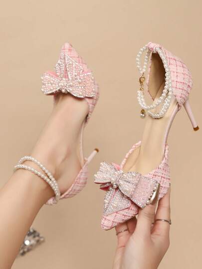 Pointed Toe High Heel Shoes With Crystal, Bow Decor, Transparent Ankle Strap French Style Sandals, 2025 Spring Summer New Arrival,Elegant,Women Pumps,Elegant,Party Outfits,Wedding Outfits