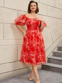AOMEI Robe vintage à fleurs coupe évasée aux épaules dénudées, manches courtes en lanterne, style rétro, robe de soirée, robe d'invitée de mariage, pour cocktail