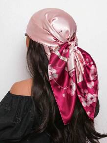 1条女士90厘米方巾，优雅花卉图案印花，新款时尚头巾，适合休闲和街头风格穿搭，可用作围巾、头带、头饰。 - 粉色 - 查看 1