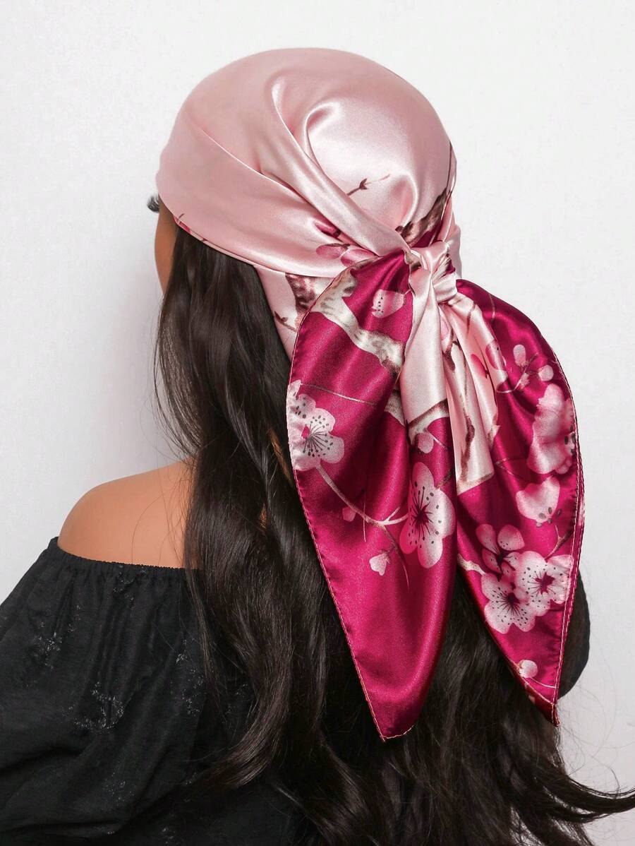 1条女士90厘米方巾，优雅花卉图案印花，新款时尚头巾，适合休闲和街头风格穿搭，可用作围巾、头带、头饰。 - 粉色 - 查看 1