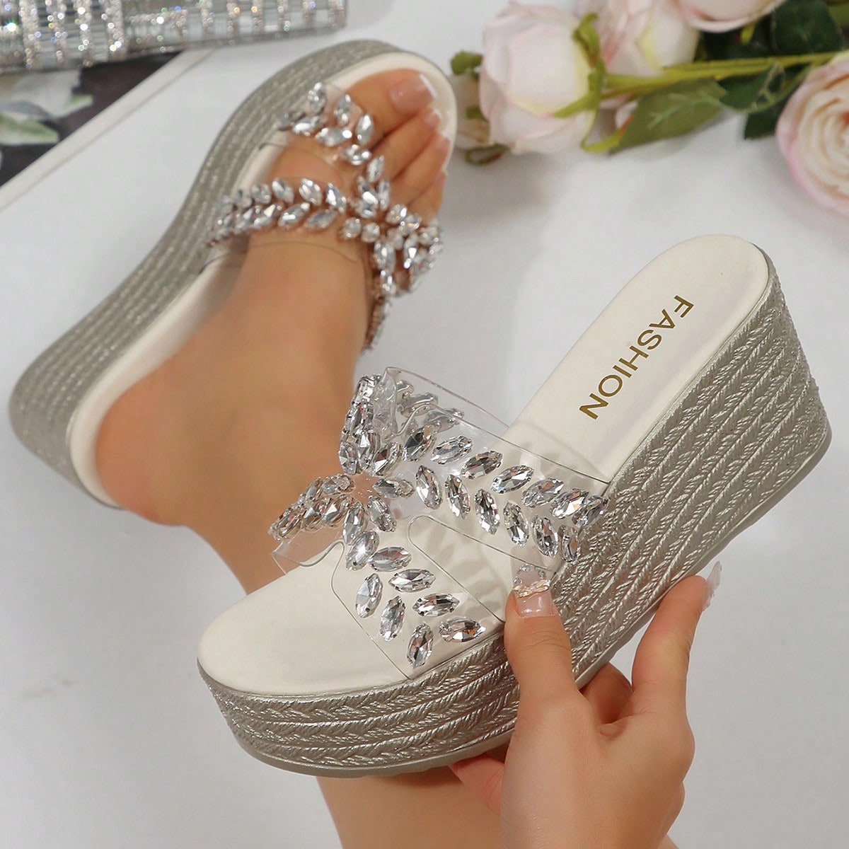 Sandalias de plataforma con cuña y lazo decorativo para mujer, sandalias informales de playa y uso exterior, con punta abierta