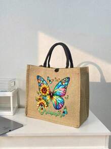 2 Pieces Pink Butterfly Print Tote Bag Set, Jute With Stylish Pattern, Including Handy Coin Purse, Perfect For Shopping, Travel & Beach Adventures,Multifunctional Women's Bag, Suitable For Daily, Travel, Shopping, Work, Gift Giving - Khaki - View 3