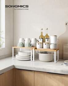 SONGMICS Spice Rack, Set Of 2 Cupboard Shelf Organiser, Expandable Kitchen Shelf Organiser, Stackable Spice Holder, Metal And Engineered Wood, White And Natural - Yellow - View 1