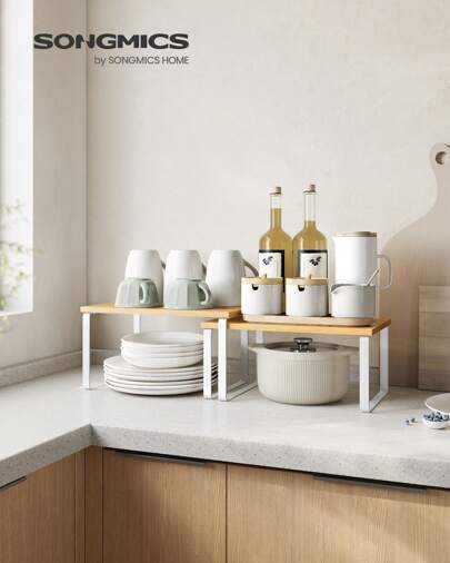  SONGMICS Spice Rack, Set Of 2 Cupboard Shelf Organiser, Expandable Kitchen Shelf Organiser, Stackable Spice Holder, Metal And Engineered Wood, White And Natural