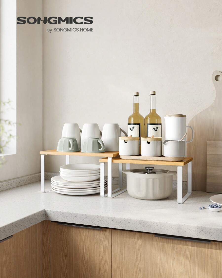 SONGMICS Spice Rack, Set Of 2 Cupboard Shelf Organiser, Expandable Kitchen Shelf Organiser, Stackable Spice Holder, Metal And Engineered Wood, White And Natural - Yellow - View 1