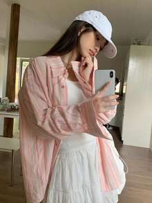 轻质防晒衬衫，宽松设计休闲长袖条纹，宽松版型 - 粉色 - 查看 3