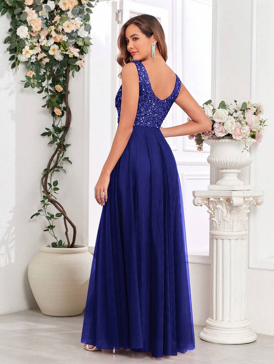 Women's Elegant V-Neck Sequin Mesh A-Line Formal Dress, Suitable For Gala, Evening Party, Bridesmaid, Wedding Guest, Graduation Ceremony, Holiday Banquet - Royal Blue - View 1