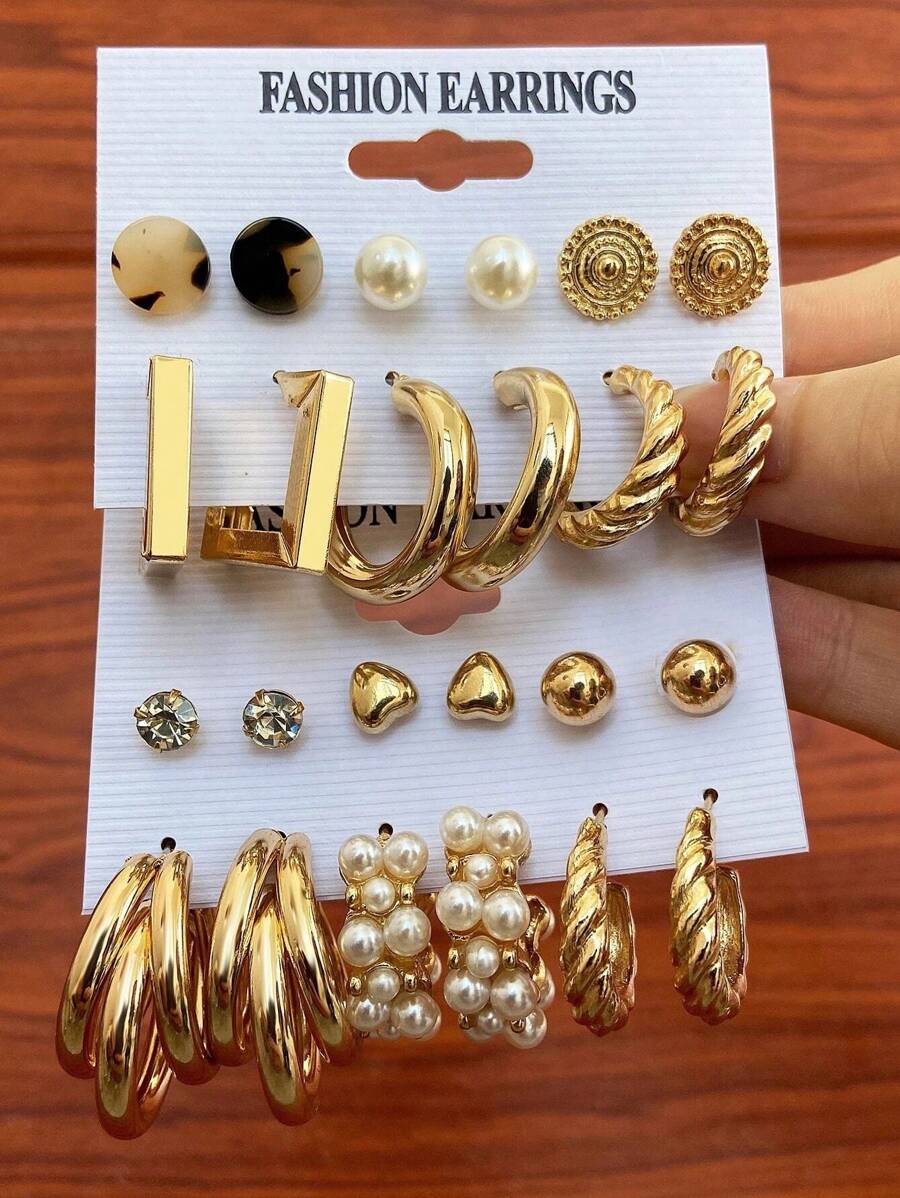 24pcs Simple Rhinestone Faux Pearl Metal Geometric Earrings Earrings Women's Vacation Date Gifts Daily Matching - Yellow Gold - View 1