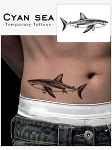 1/2 件可水洗临时纹身贴纸，防水闪亮鲨鱼图案纹身贴纸，适合时尚人士日常使用 - 黑色 - 查看 1