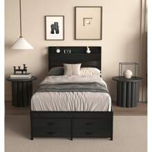 Twin Bed Frames With Headboard, Twin Size Bed Frames With Storage Drawers, Twin Bed, Black Metal Platform Bed Frame, Single Bed Frame, No Box Spring Needed