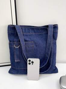 1 件休闲学院风牛仔单肩包 - 宽敞大容量手提包轻便拉链男女通用购物袋适合日常使用/购物/旅行 - 藍色 - 查看 5