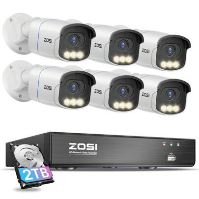 ZOSI 4K PoE Security Camera System With True Full Color Night Vision,6pcs 4K Outdoor Indoor Wired PoE Cameras,Person Vehicle Detection,2 Way Audio,8MP 8CH NVR With 2TB HDD
