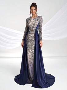 YISIKADO 女士正式晚礼服，优雅奢华亮片缎面长袖裹身裙，派对礼服，婚礼宾客礼服 - 彩色 - 查看 6