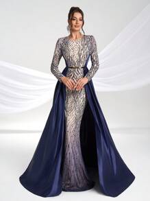 YISIKADO 女士正式晚礼服，优雅奢华亮片缎面长袖裹身裙，派对礼服，婚礼宾客礼服 - 彩色 - 查看 2