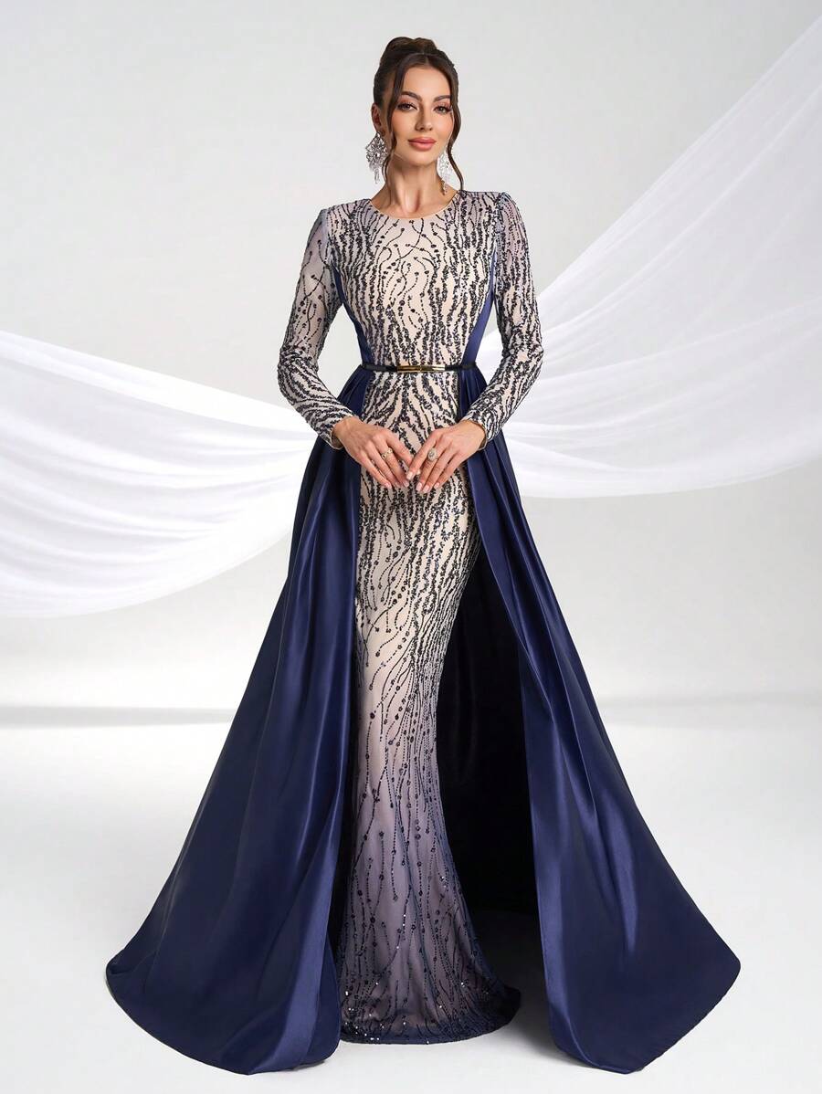 YISIKADO 女士正式晚礼服，优雅奢华亮片缎面长袖裹身裙，派对礼服，婚礼宾客礼服