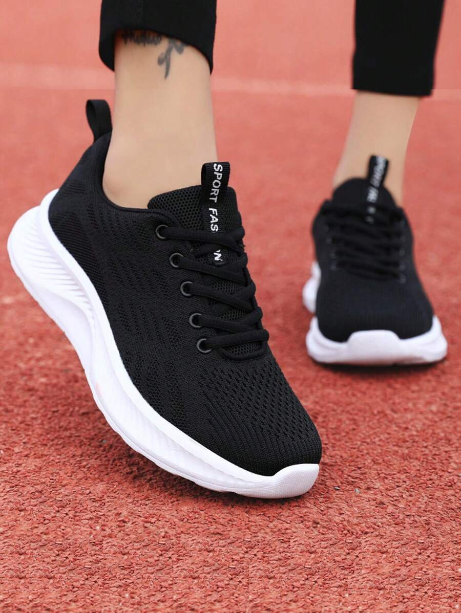 1 双女士时尚黑色跑步鞋，透气防滑运动鞋，轻便舒适的户外运动鞋，休闲系带户外旅行鞋，软底低帮 - 黑與白 - 查看 1