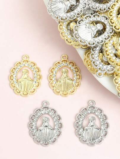 10pcs Elegant Oval-Shaped Virgin Mary Pendant, Inlaid With Shiny Rhinestones, Faith And Prayer Accessory, Religious Necklace, Bracelet, Earring, Keychain, Clothing Decor DIY Alloy Pendant - Accessory For Devout Christians