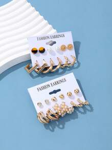 24pcs Simple Rhinestone Faux Pearl Metal Geometric Earrings Earrings Women's Vacation Date Gifts Daily Matching - Yellow Gold - View 2