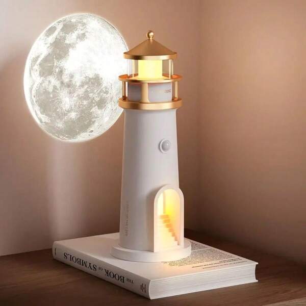 1pc Captivating USB Rechargeable LED Moon Lamp And Lighthouse Nightlight - Comforting Bedroom Ambiance, Adjustable Brightness, Modern Design With Motion Sensor, Polished Surface - Ideal Christmas Or Birthday Gift, Bedroom Decor