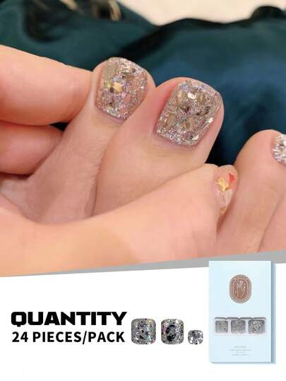 24PCS Short French Square Glitter Acrylic False Toenails With Jelly Glue & Nail Rub - Full Coverage Y2K Nail Art For Ladies & Girls, Perfect For Daily Wear, Shopping, Afternoon Tea, Parties & More